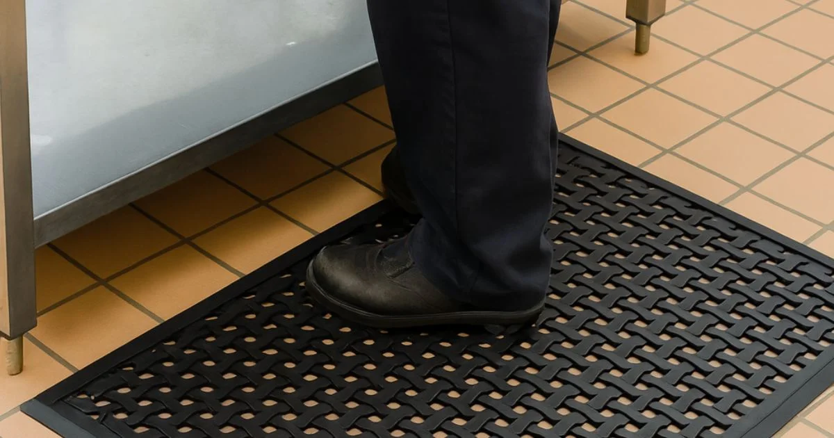 Worker standing on anti-fatigue mat in workspace